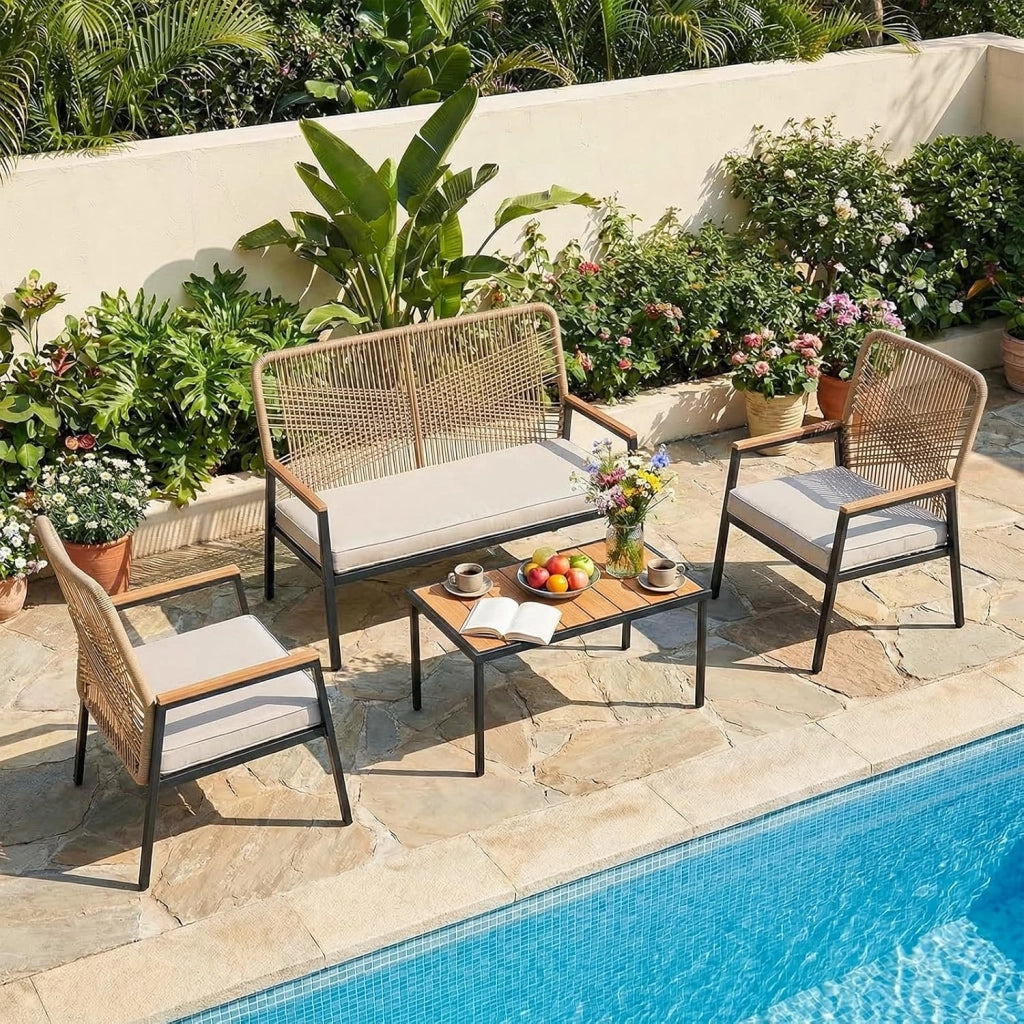 Panchina da giardino in rattan, sedia da giardino a 2 posti in polyrattan, panchina da esterno, resistente alle intemperie, braccioli in WPC, per terrazza, giardino e veranda, beige