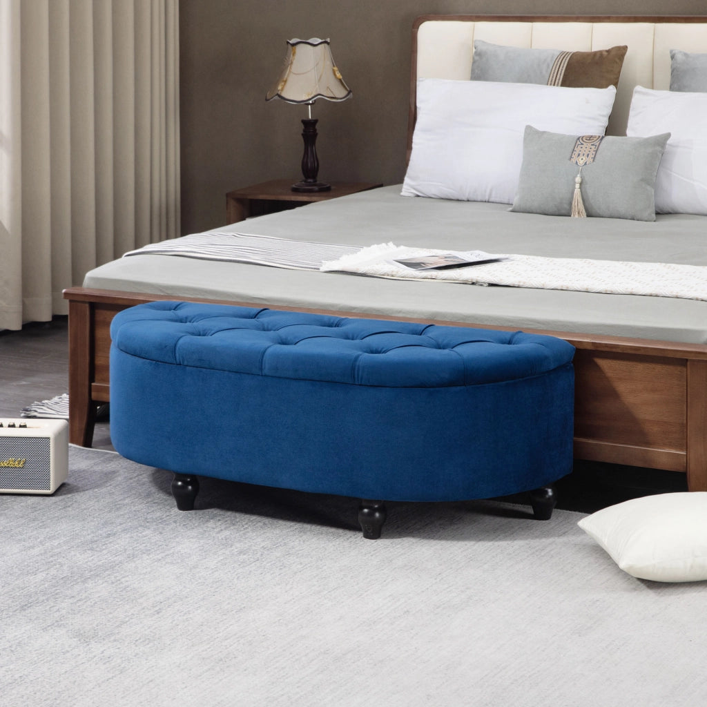 Pouf Contenitore 2 in 1 Capitonnato ¨C Zephmum ¨C Semicerchio in Velluto Blu con Piedi in Legno