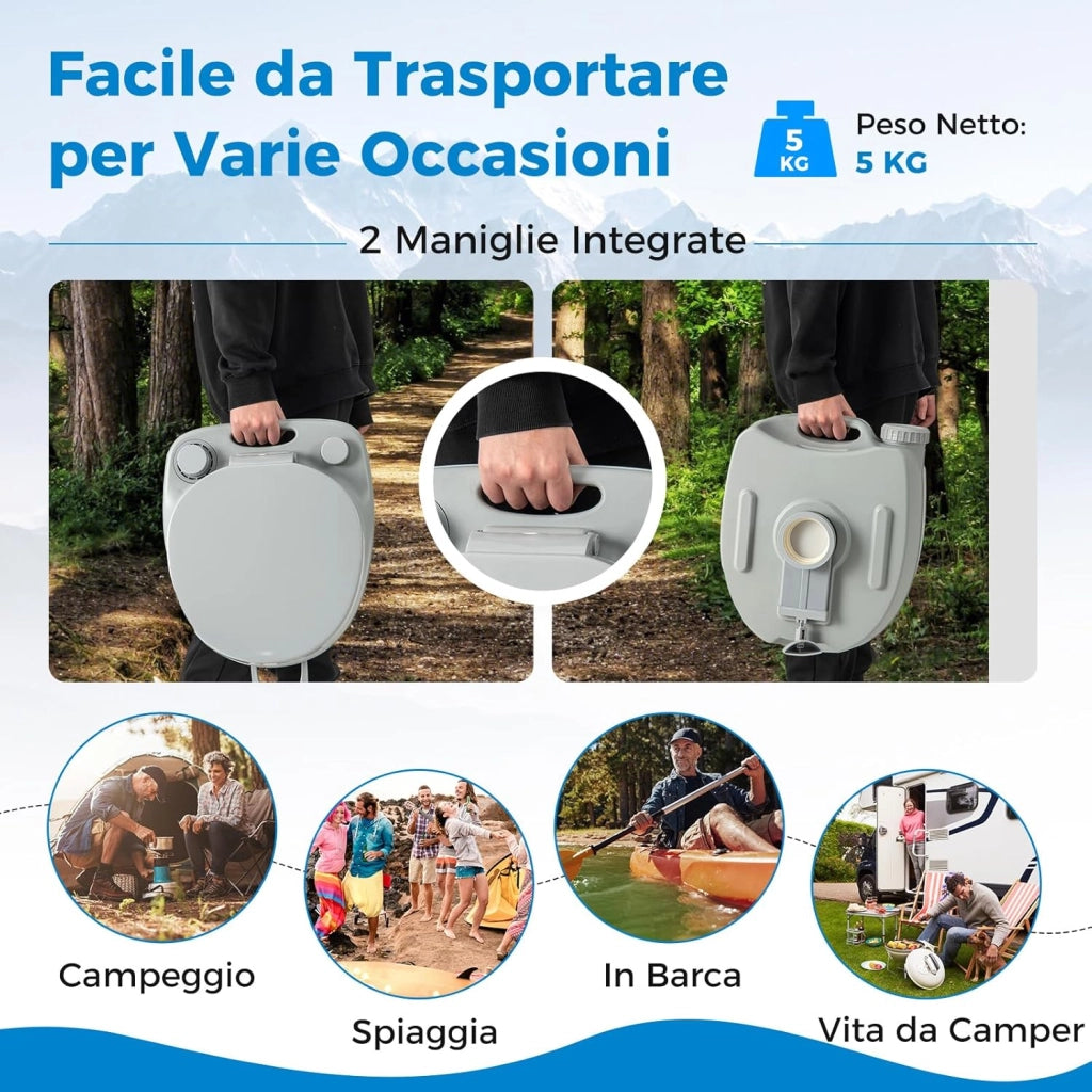 20L Toilette Portatile con Serbatoio d'Acqua Rimovibile a Maniglia, WC Chimico Comodo per Campeggio, Water Portatile per Adulti e Anziani, Supporto Carico 150kg, 45 x 40 x 42 cm
