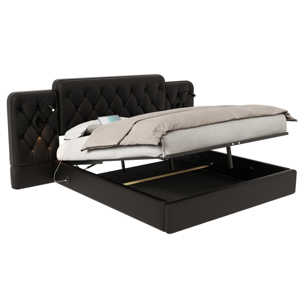 Letto matrimoniale 160x200 cm in PU nero con testiera allungata, luci da lettura, porte USB e contenitore