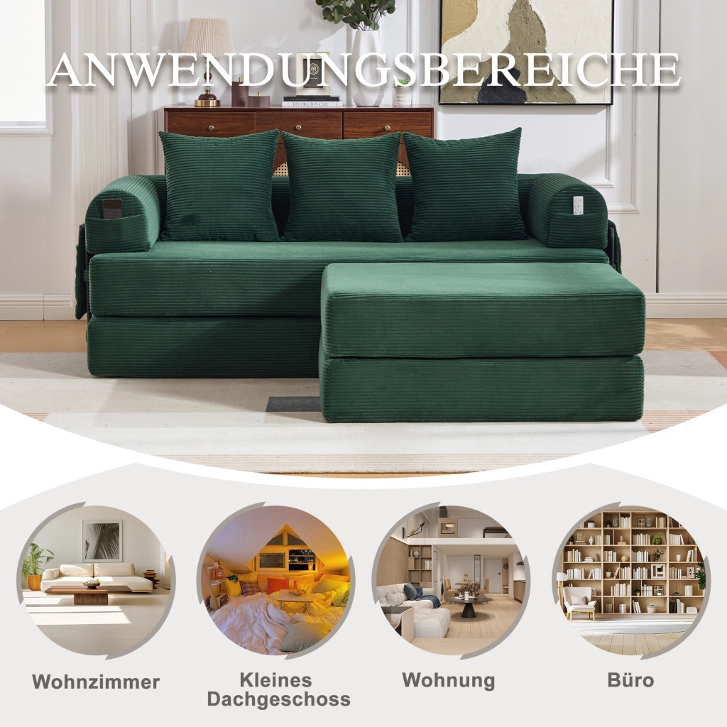 DIVANO Modulare 200x190x67 cm Corda Verde Smeraldo con pouf e 3 cuscini