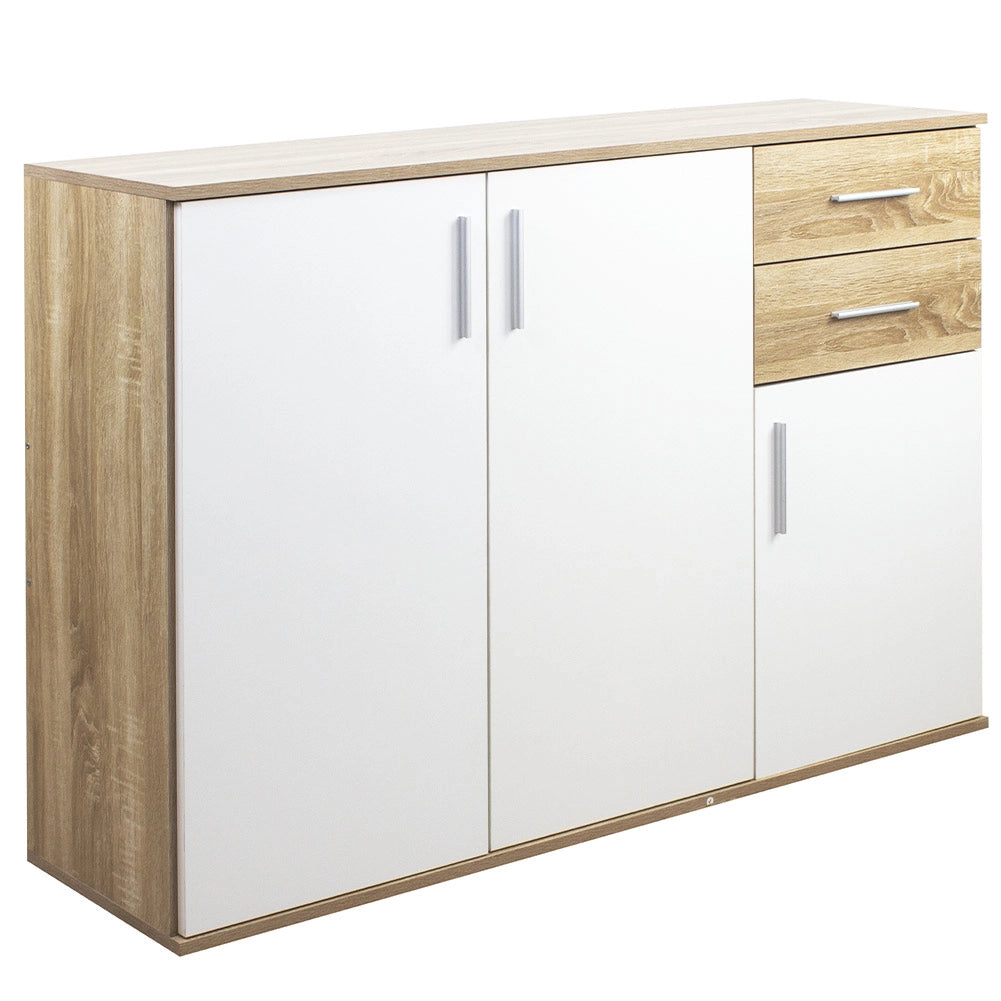 Mobile Cassettiera Moderna 3 Porte 2 Cassetti Design Minimal Bianco Quercia 120cm
