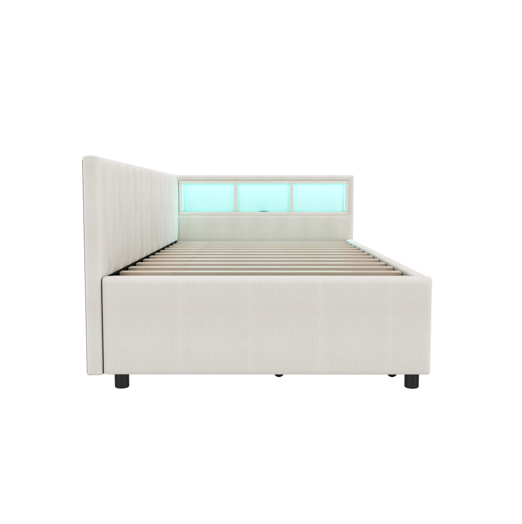 Letto singolo 90x200 cm beige in lino e MDF, LED USB Type C con 2 cassetti, senza materasso