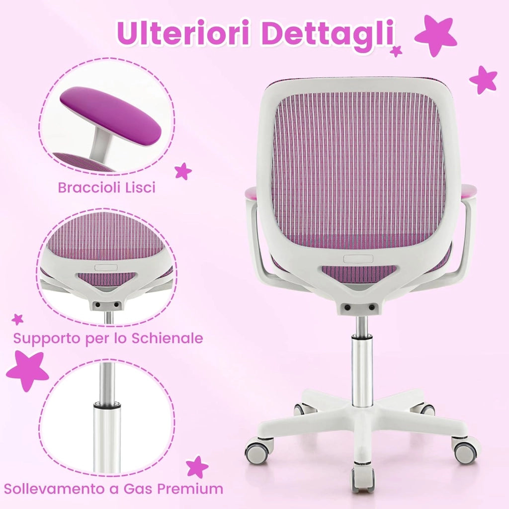 Sedia da Scrivania Girevole per Bambini (Viola, Ruote Ordinarie) | con Altezza Regolabile, 5 Ruote, Braccioli Morbidi, Mobile Ergonomica per Bambini 6-15 Anni