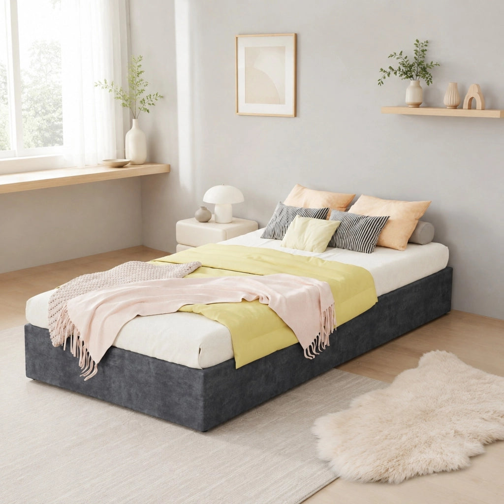 Letto singolo imbottito con contenitore pneumatico 90x200 cm; grigio