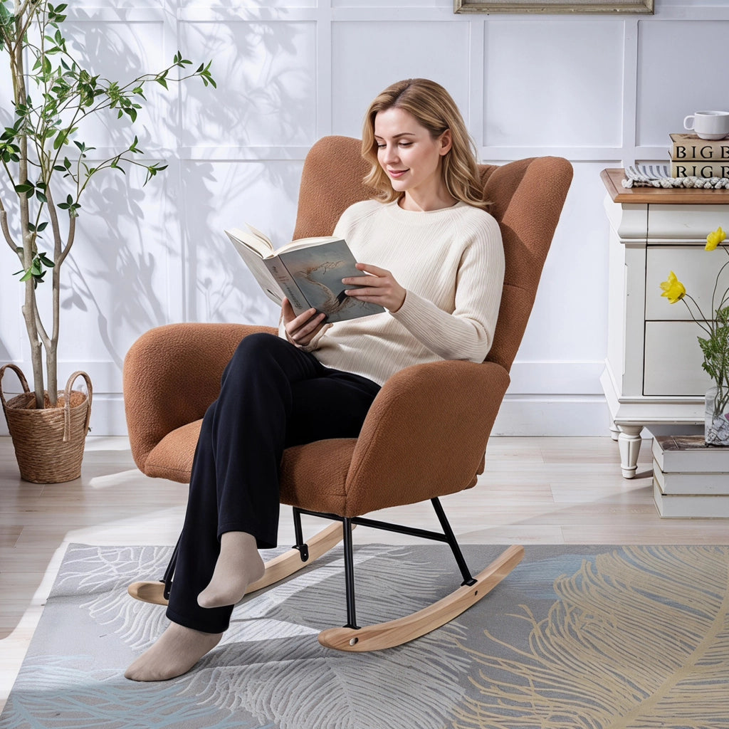 Sedia a dondolo con schienale ergonomico e tasca laterale in tessuto teddy - marrone