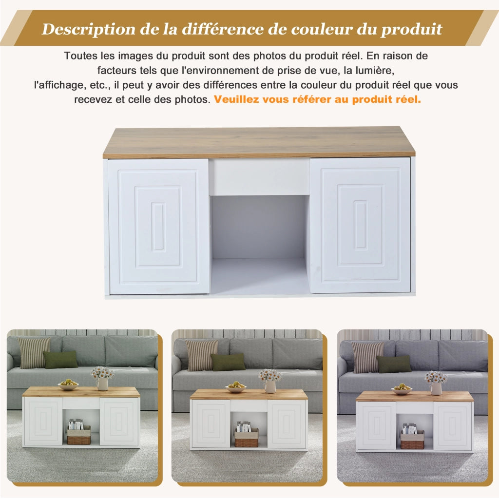 Tavolino basso sollevabile con 2 ante e 6 vani, per soggiorno, in pannello truciolare, bianco e naturale 46 × 95 × 45 cm