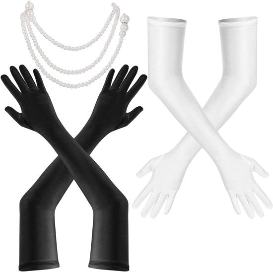Manopole Lunghe a Catena Parelle 1920 Stile Classico Opera Manopole per Maschera Halloween Carnevale - Nero Bianco - Donna