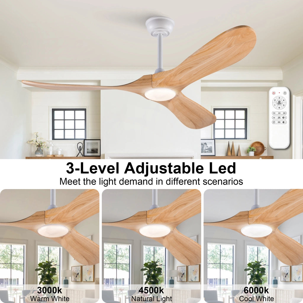 Ventilatore da soffitto 52 pollici con illuminazione e telecomando, 3 pale legno massello, 3CCT dimmerabile, 6 velocit¨¤ silenzioso