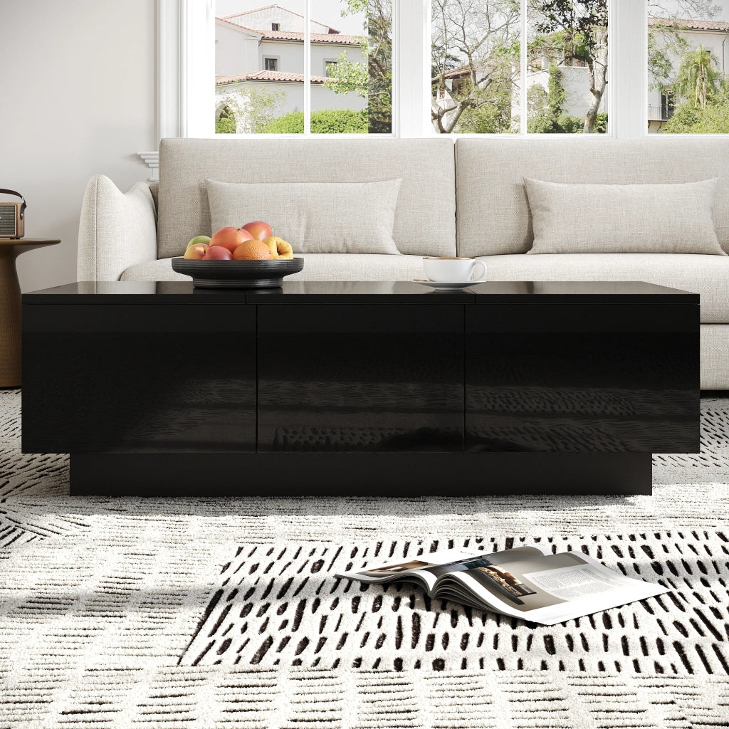 Tavolino da Salotto con 2 Cassetti e Piani Scorrevoli; Nero Lucido; Stile Moderno; in Pannelli di Particelle; Nero