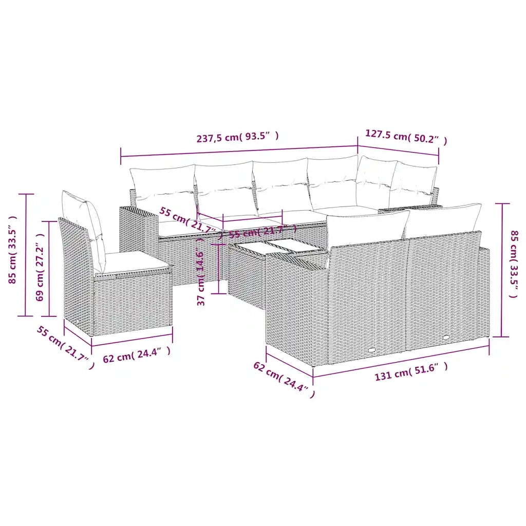 Set Divani da Giardino 9pz con Cuscini Marrone in Polyrattan 3251590