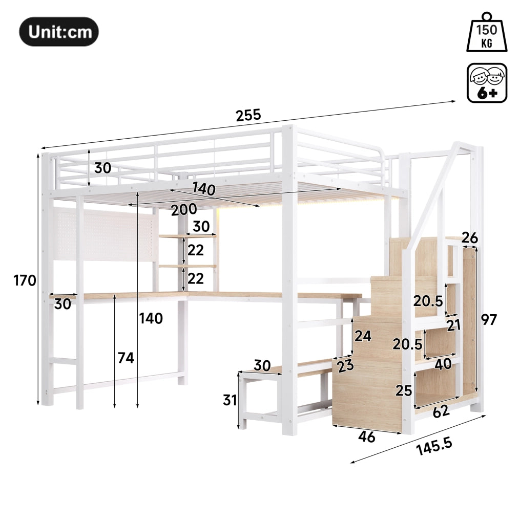 Letto a soppalco 140x200 cm con scrivania; LED; USB e USB-C; MDF e metallo; bianco