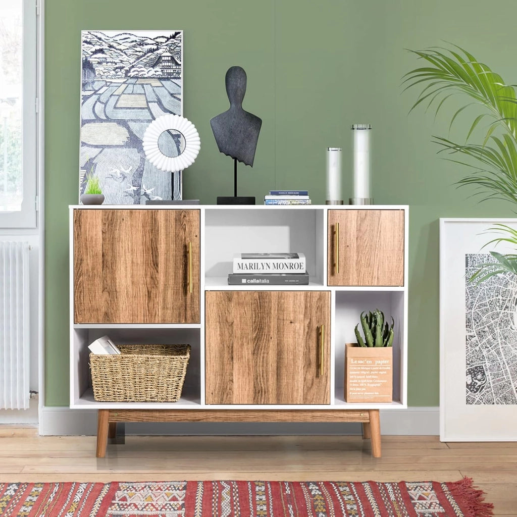 Mobile con 3 Ante e Scompartimenti, Armadietto da Interno Moderno e Versatile, con Gambe, Ideale per Ingresso, Soggiorno e Cucina, 95 x 31 x 76 cm, Bianco e Caffè