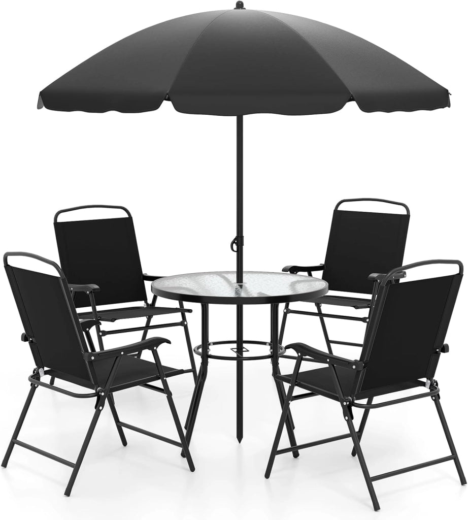 Set di 6 mobili da giardino con ombrellone, mobili da terrazza, 4 sedie pieghevoli con tavolo, set di mobili da balcone per 4 persone, set da giardino per giardino, balcone, terrazza