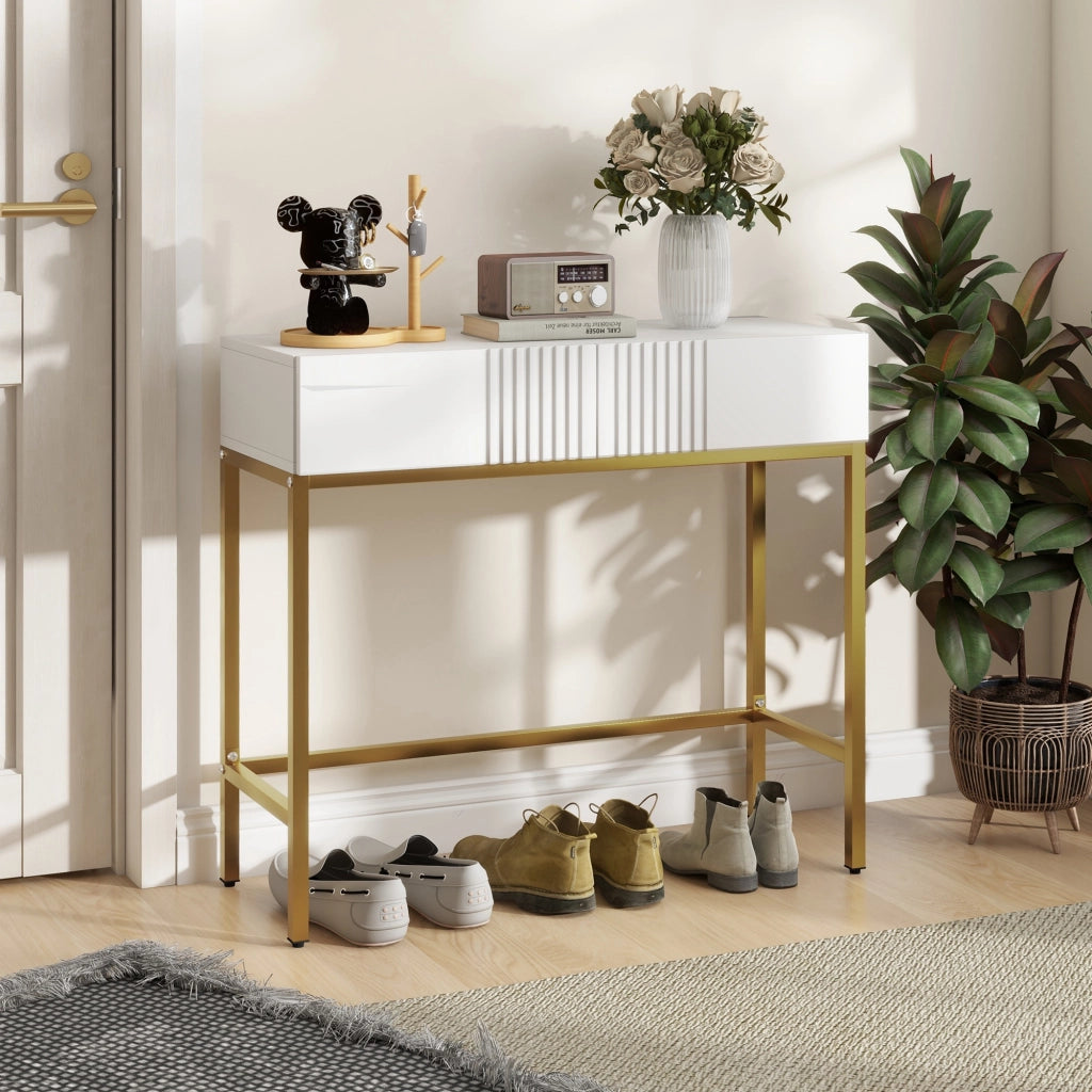 Consolle da Ingresso con Cassetti e Gambe Dorate ¨C zephmum ¨C Bianco 80x31.5x75