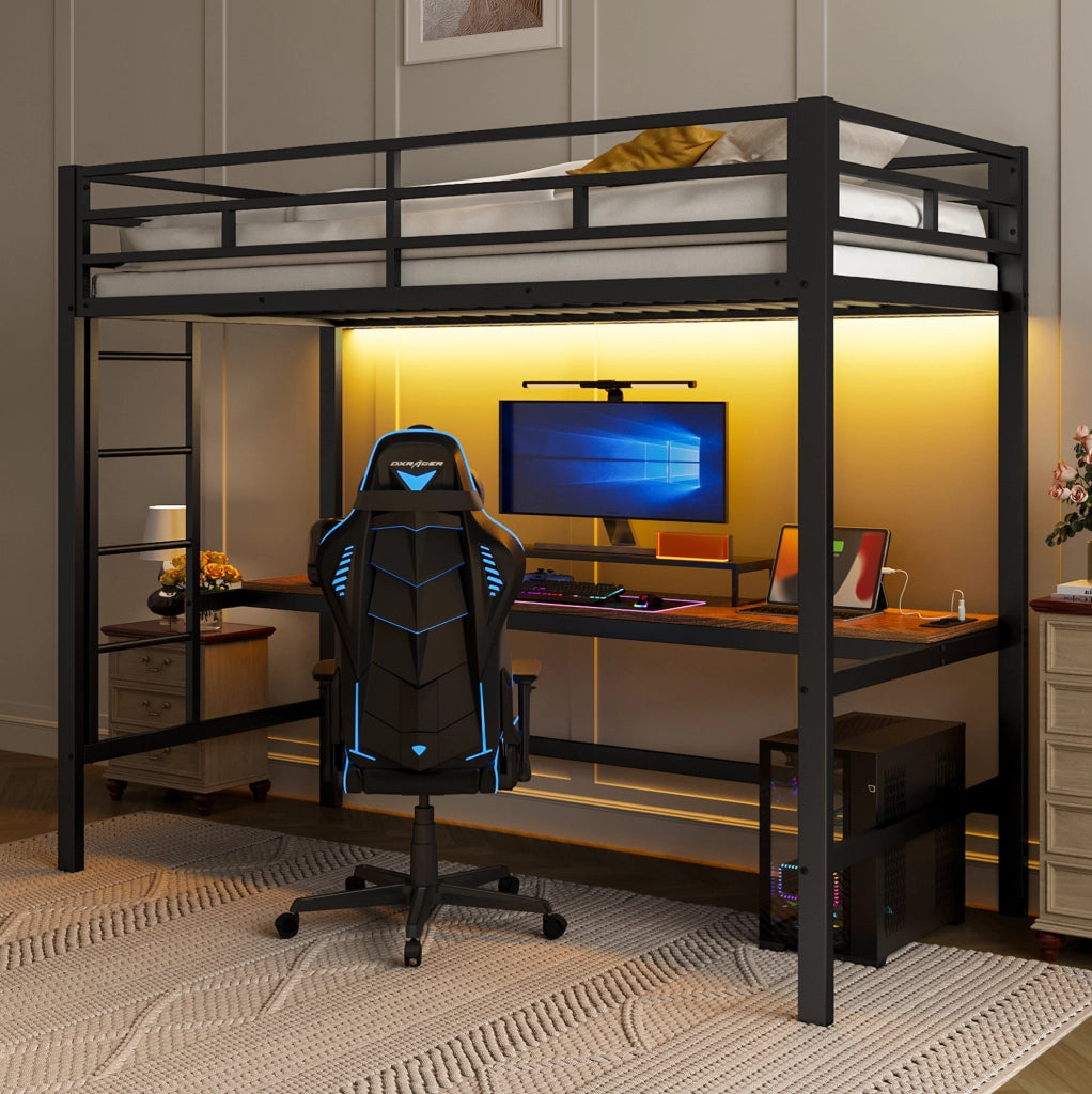 Letto a soppalco 90x200 cm nero con scrivania, LED APP, USB e Type-C
