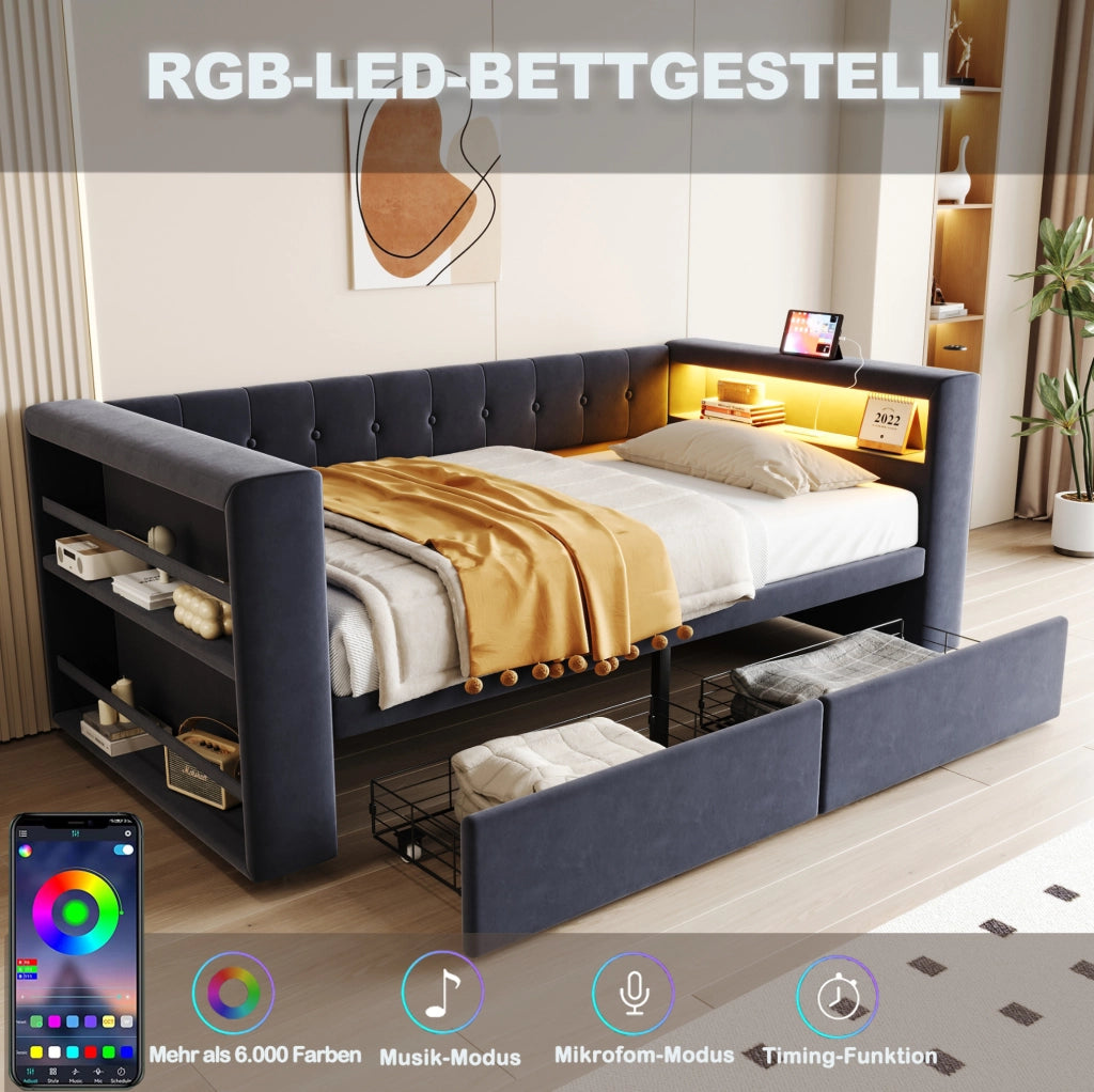 Letto multifunzione 90x190 cm con LED, presa e cassetti