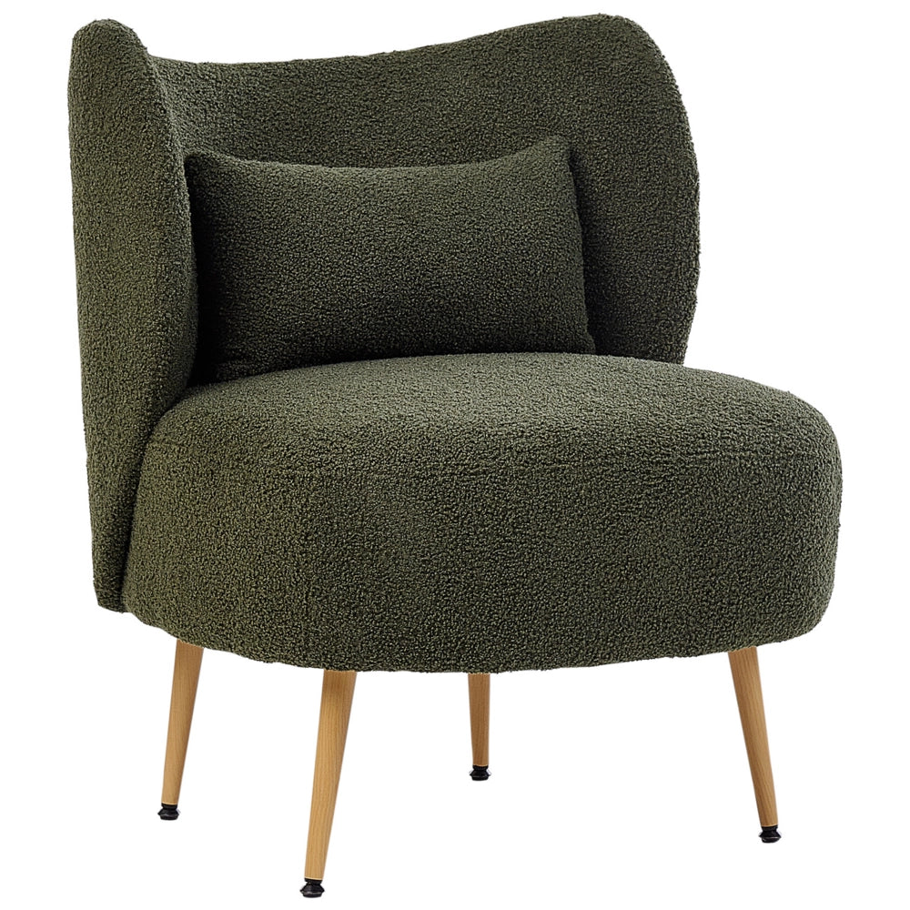 Poltrona da salotto con schienale curvo boucle verde scuro stile glam elegante soggiorno