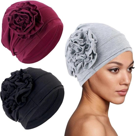 Set di 3 tulbande per donna - copricapo elegante con fiori - capello elastico in lana Zwart S/M.