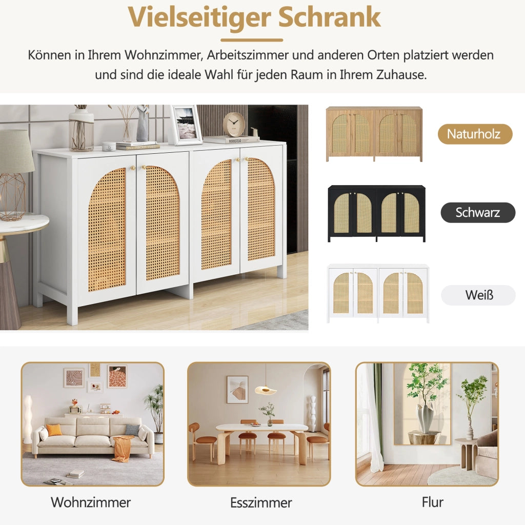 Credenza con 4 ante e ripiano regolabile; maniglie in metallo - per soggiorno - in MDF - bianco