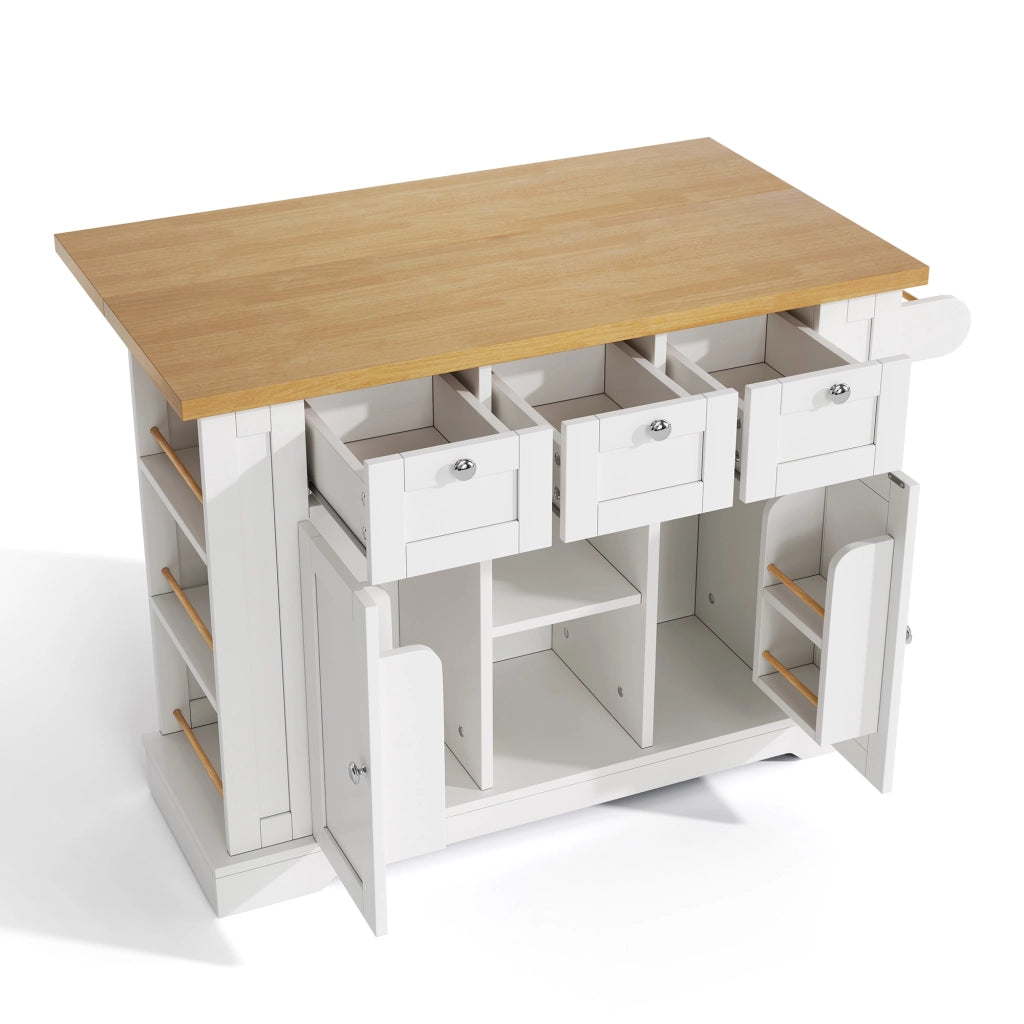 Carrello da Cucina con 3 Cassetti; 2 Ante; Piano Pieghevole; Presa e USB; 5 Ruote; in MDF; Bianco Naturale