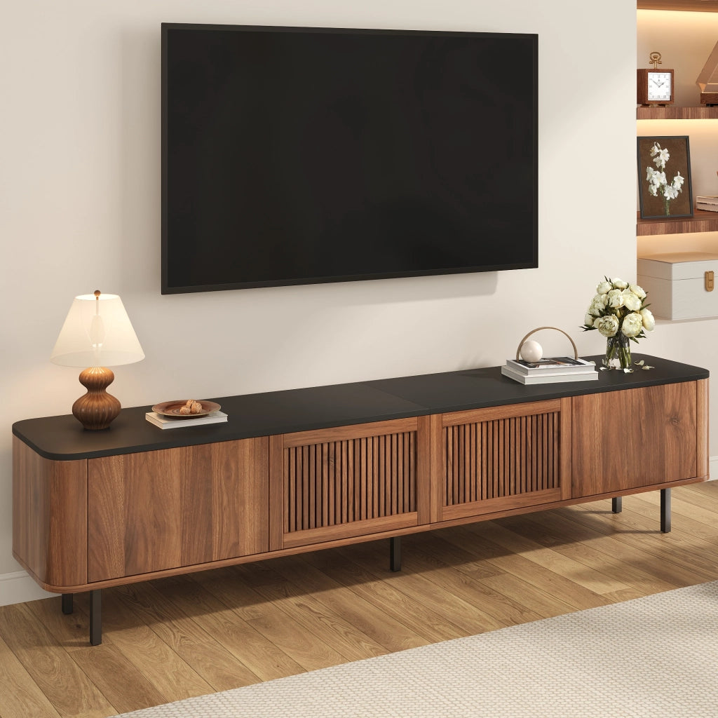 Mobile Porta TV Noce e Nero 190 cm con Ante a Griglia; MDF e Gambe in Ferro
