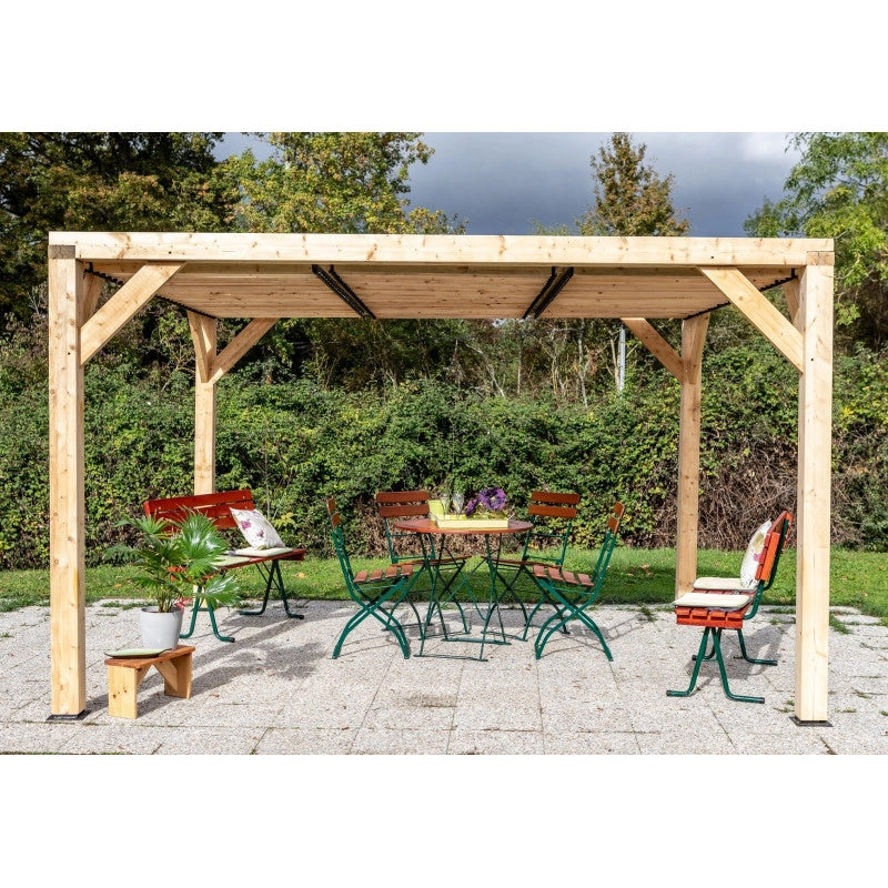 Pergola da giardino in legno 339x360 cm – Tettoia con tetto a doghe orientabili 12,2 m² – VT3436T Foresta