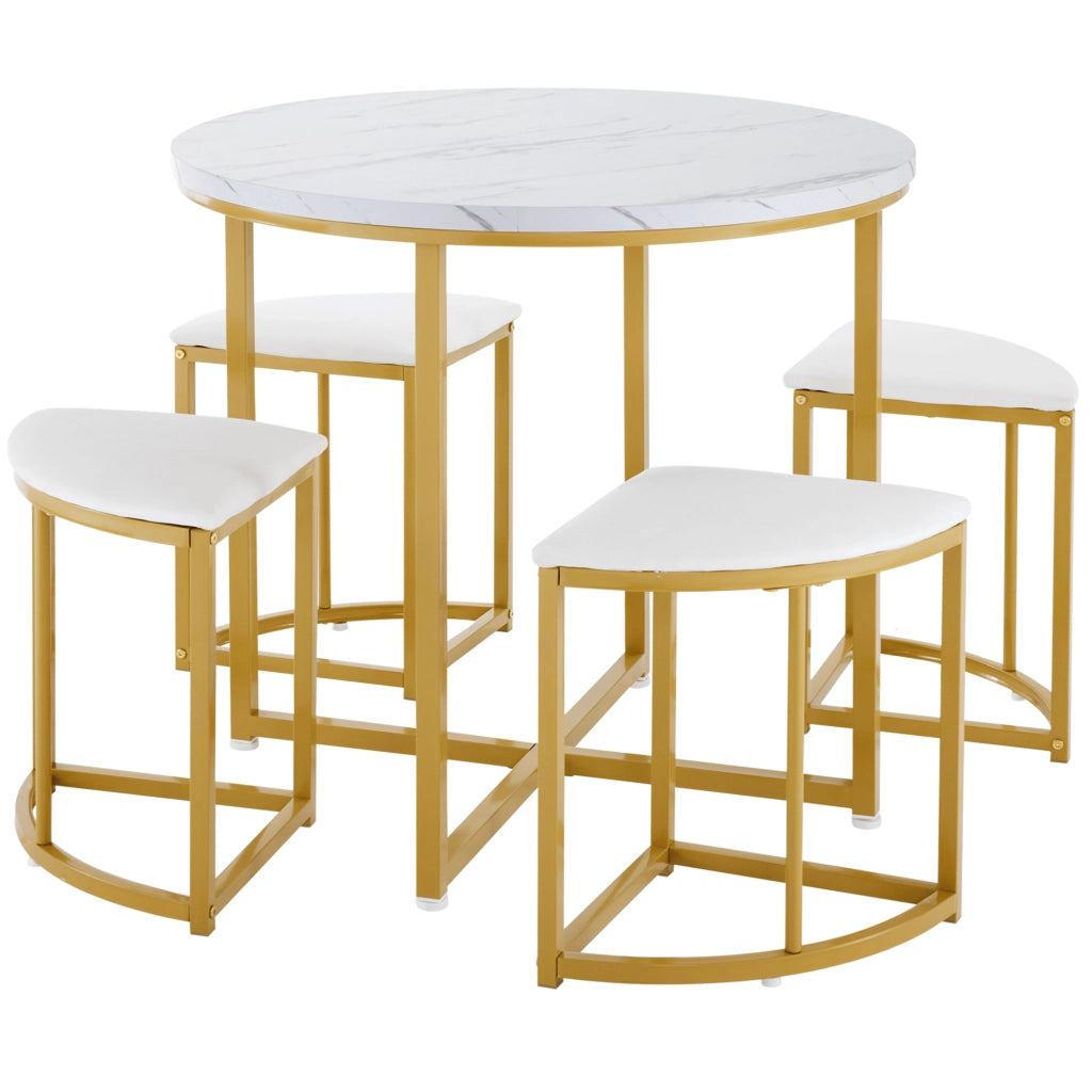 Tavolo da pranzo rotondo con 4 sedie in MDF e metallo bianco e oro 80 cm, set salvaspazio