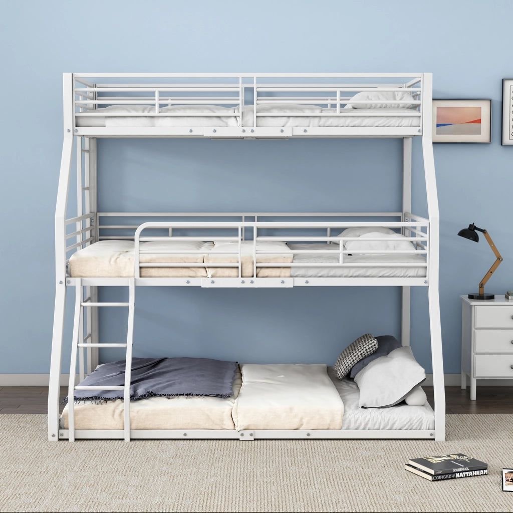 OKWISH Letto a Castello 90×200 cm, Letto Singolo 3 Posti con 2 Scale e Sponde di Sicurezza, senza Materasso, in Metallo, Bianco