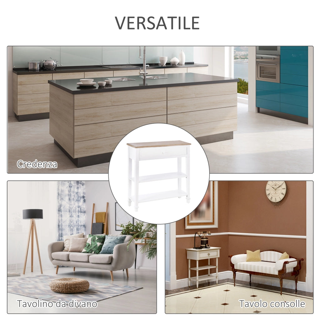 EasyComfort Tavolo Consolle Bianco e Color Legno con Cassetto e 2 Ripiani, Tavolino Salvaspazio in MDF, 75.6 x 27.5 x 80.5cm