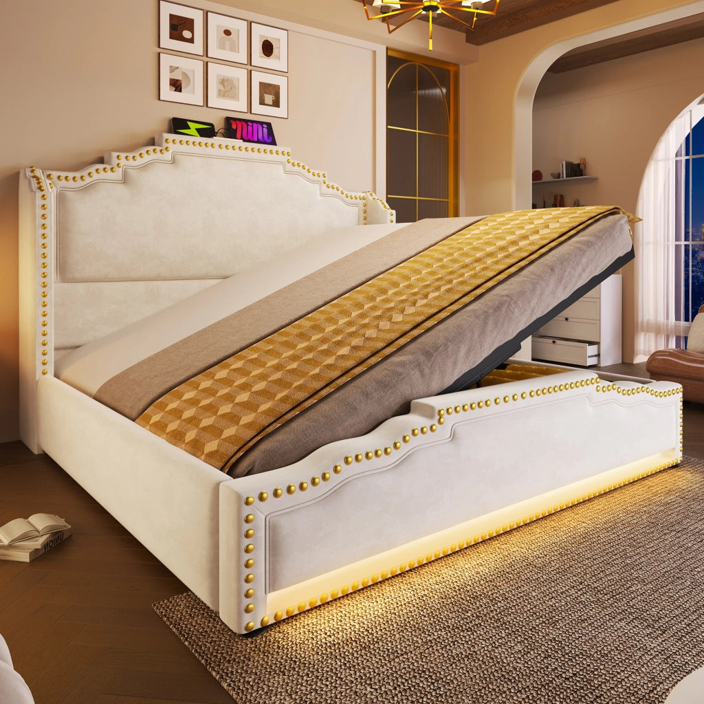 Letto Imbottito Contenitore Matrimoniale ¨C MINIMAL ¨C Velluto Beige, LED, USB, Doghe, 140x200