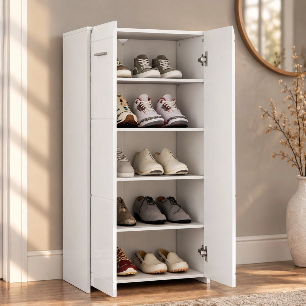 Scarpiera 55x36x108 cm con ripiani regolabili in legno bianco lucido