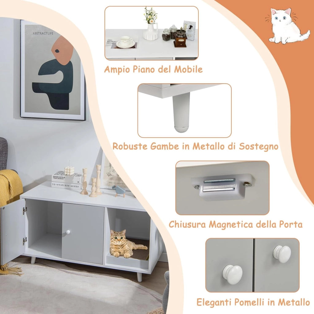 Mobile per Lettiera per Gatti 90 x 50 x 50 cm, Cassetta Igienica per Gatti con Doppia Anta, Divisore, Ingresso Avvolgibile, Tiragraffi e Gambe di Metallo Solido (Grigio)