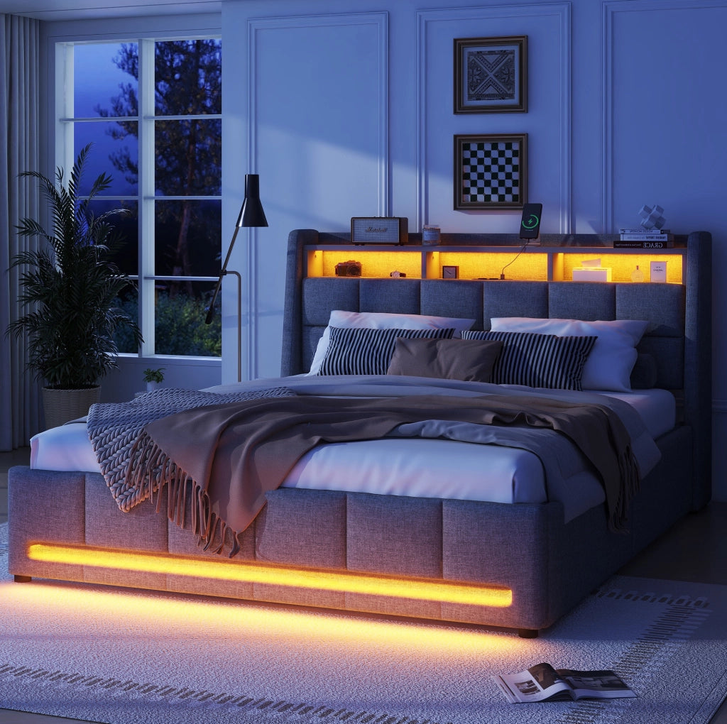 Letto imbottito 140x200 cm con LED, USB, vani e 2 cassetti grigio