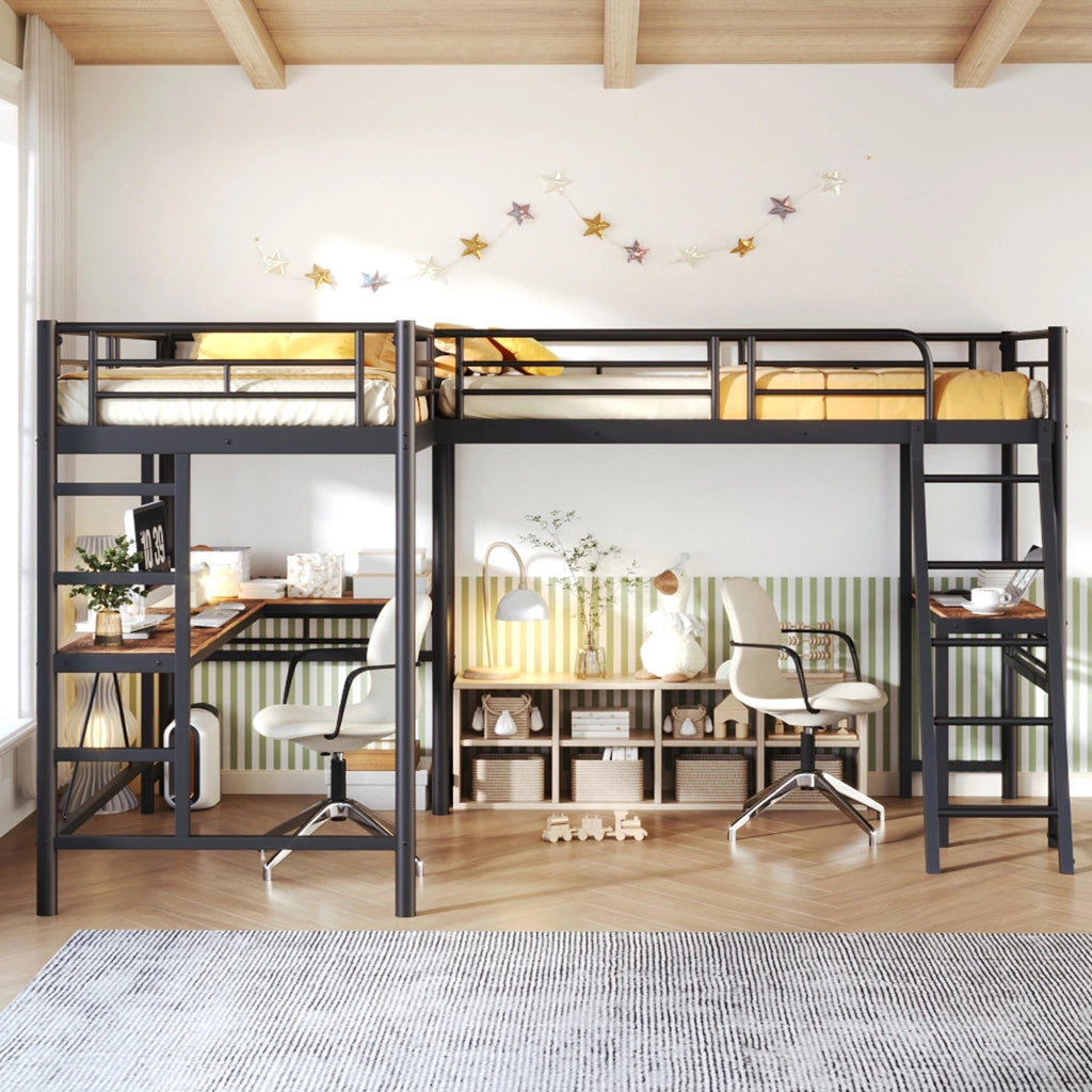 Letto a soppalco 90 × 200 cm 1 posto con scrivania; scala e barriera alta; senza materasso; in metallo e MDF; nero
