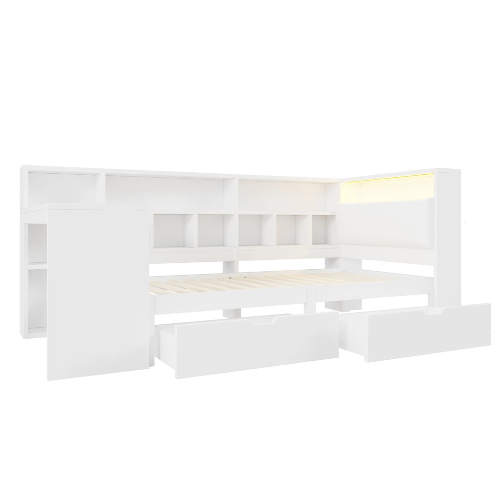 Letto a piattaforma L 90x200 con scrivania; libreria; LED e USB; bianco