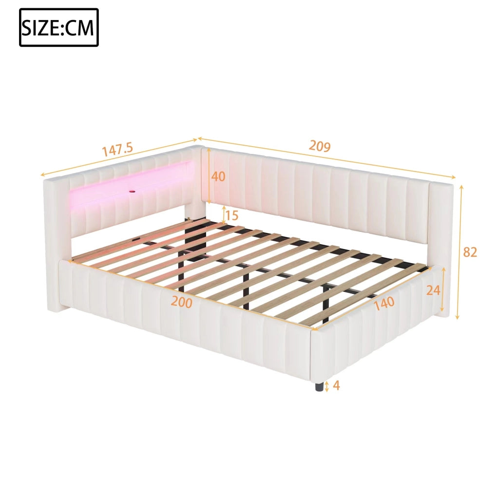Divano letto 140x200 cm; LED e USB; velluto beige (Senza materasso)