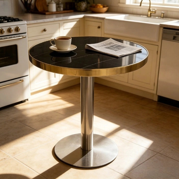 Tavolino rotondo nero con effetto marmo e struttura in acciaio inox finitura oro