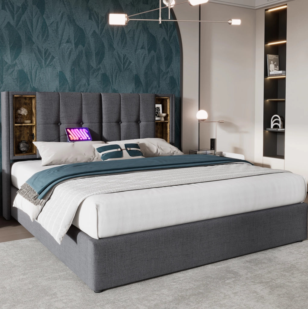 Letto imbottito 140x200 cm con materasso, ricarica wireless e USB