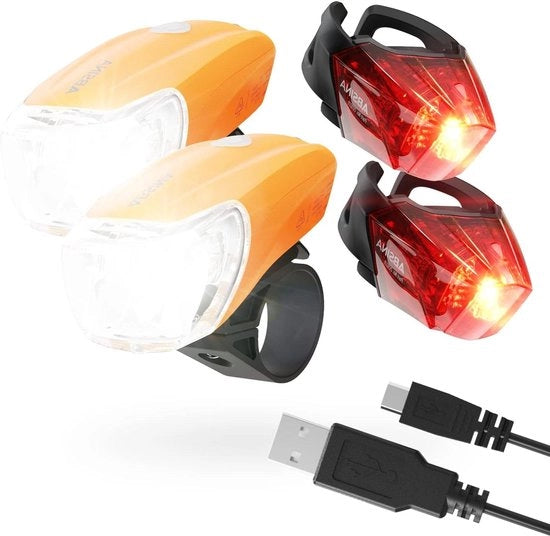 Set di illuminazione per bicicletta LED caricabile via USB - portata 100 m 180 lumen - set di illuminazione StVZO approvato - bicicletta sicura