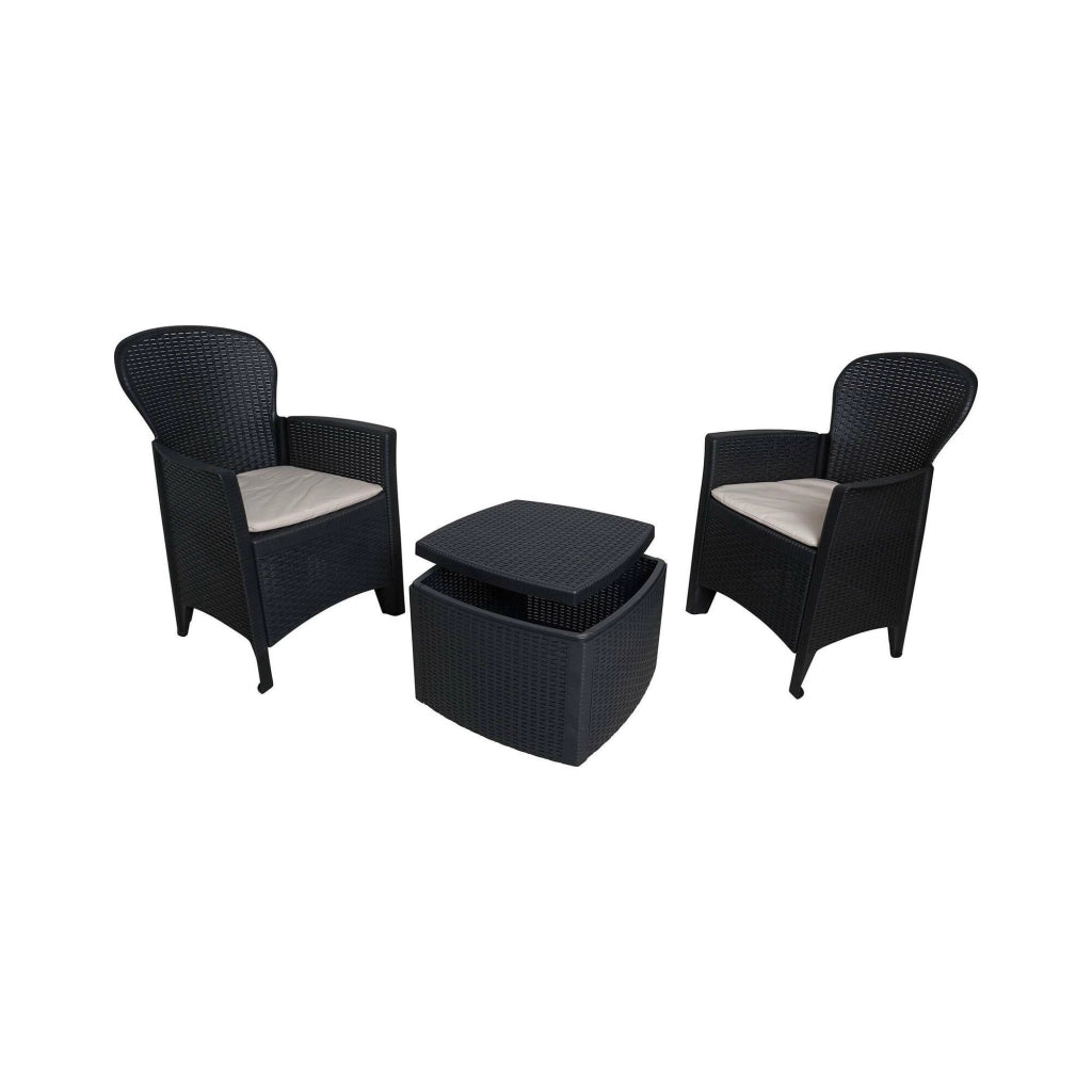 Set salotto da esterno Dakain, Set da giardino con cuscini composto da 2 poltrone, 1 divano e 1 tavolino, Salottino indoor effetto rattan, 100% Made in Italy, Cm 60x58h89, Antracite