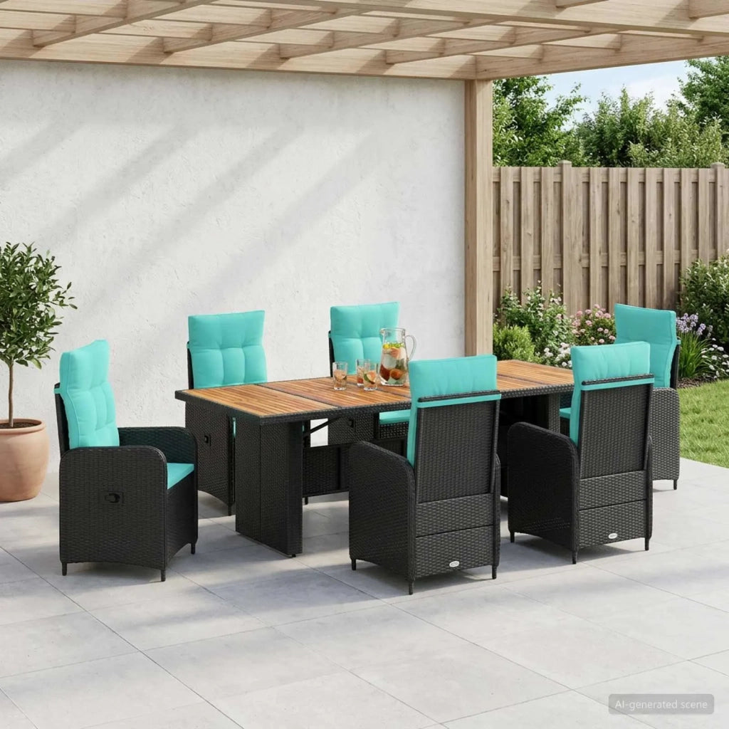 Set da pranzo per esterni 7 pz Nero e Turchese polyrattan 3422376