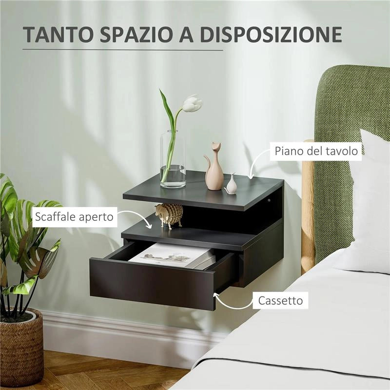 COMODINO SOSPESO PER CAMERA DA LETTO CON CASSETTO E MENSOLA IN LEGNO 35X32X22.5 CM NERO