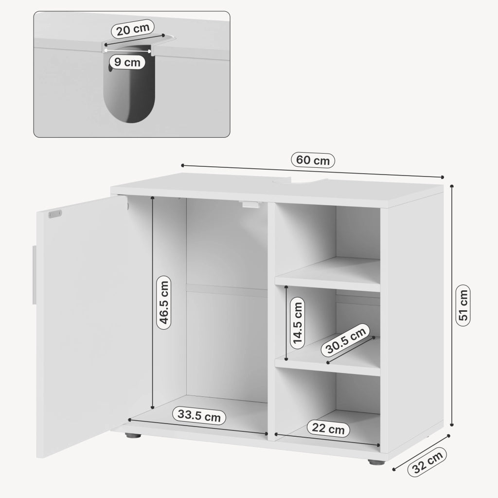 Mobile Sottolavabo Kulaik da Bagno ad Anta e 3 Scomparti Aperti 51 x 60 x 32 cm - Bianco [en.casa]