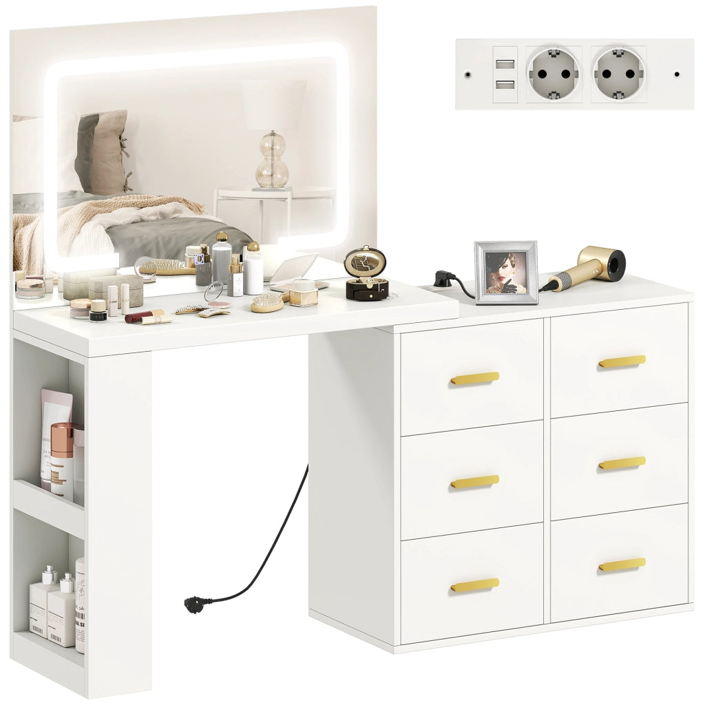 Toeletta da Camera con Specchio e Luci LED Regolabili, 6 Cassetti, 2 Ripiani e Prese Elettriche, Bianco