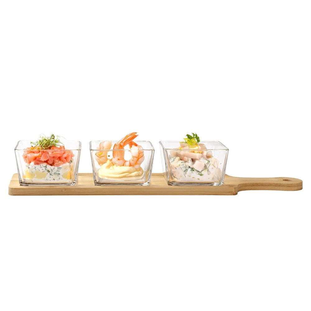 Trade Shop - Antipastiera Con 3 Ciotole In Vetro Vassoio Base In Bamboo 40x10cm Per Salse Finger Food -