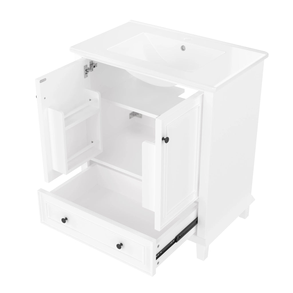 Mobile sottolavabo da bagno con lavabo in ceramica, 2 ante, 1 cassetto e ripiano regolabile, bianco, 76 × 46 × 87 cm