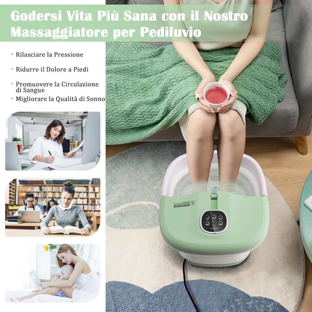 Pediluvio Massaggiatore Piedi Elettrico, Idromassaggiatore Plantare Pieghevole con Riscaldamento e Telecomando, 3 Temperature Regolabili (Verde)