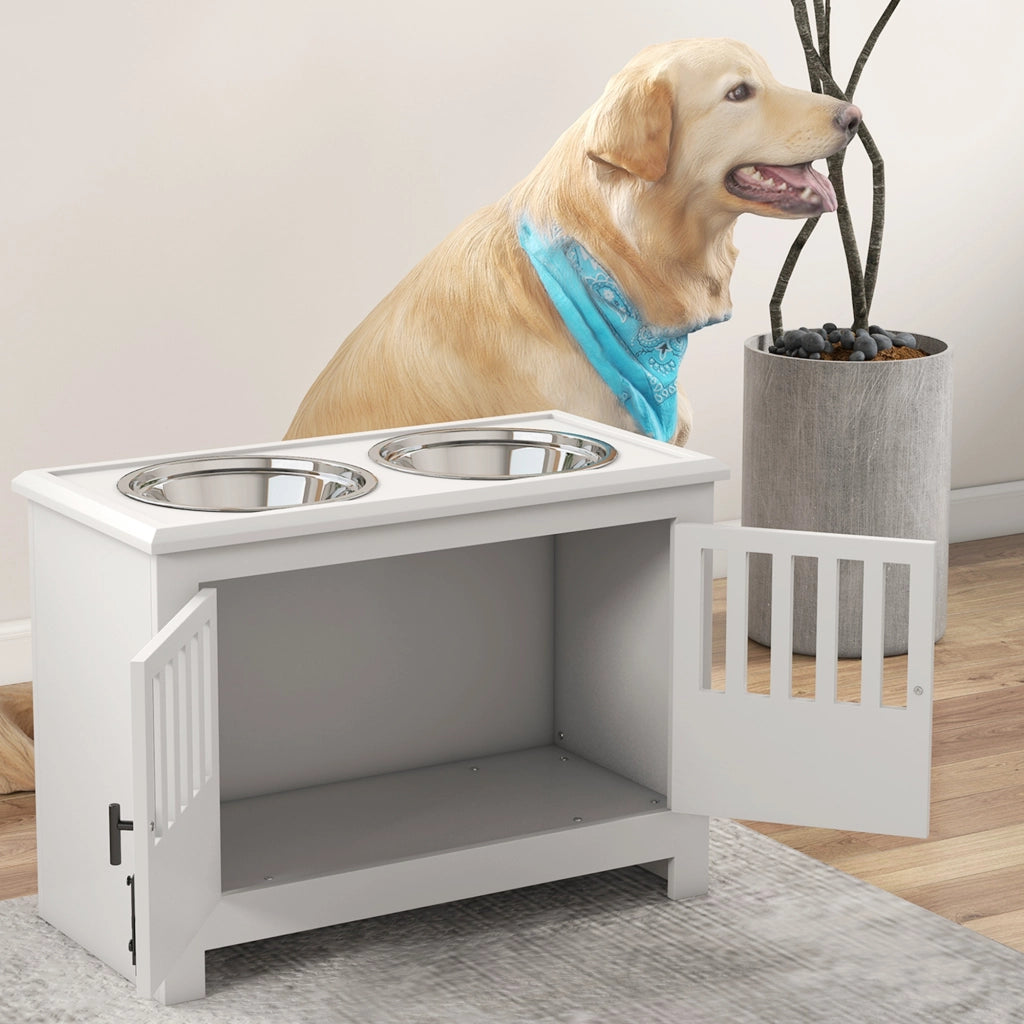 Scaffale rialzato per cani con ciotole da 2.000 ml in acciaio inox e vano portaoggetti bianco 60 × 30 × 43 cm