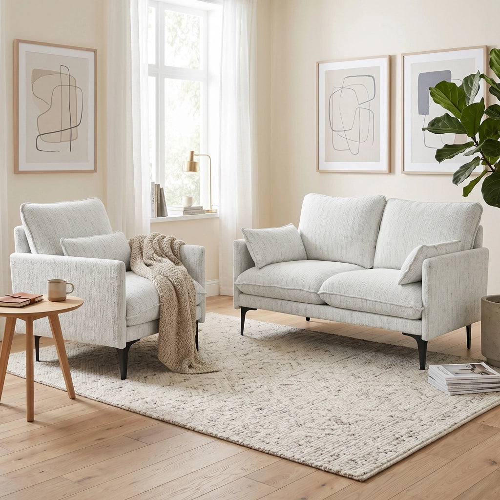 Poltrona da Salotto Imbottita 73x80x80 cm con Cuscino Lombare in Tessuto Effetto Lino Bianco